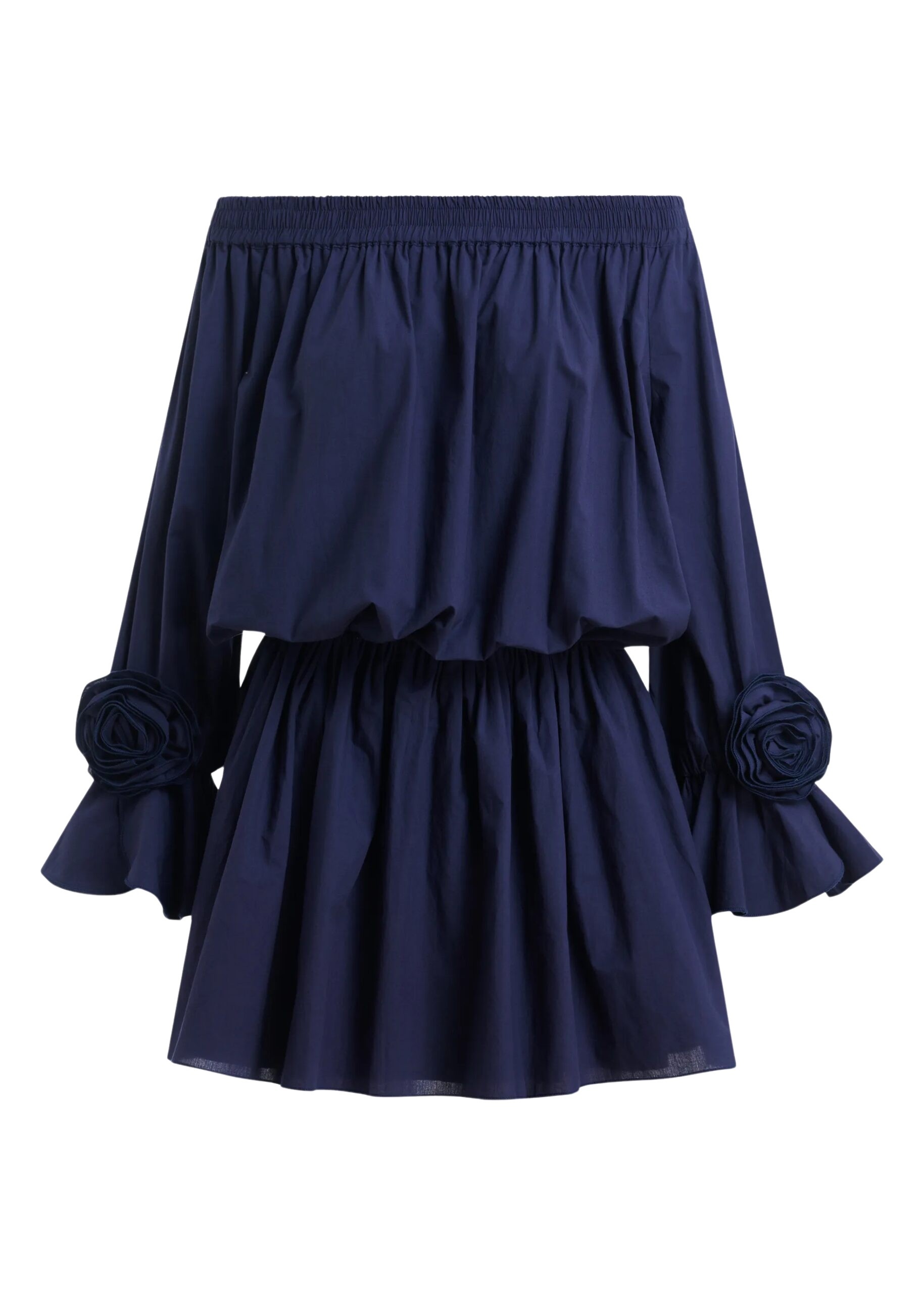 Navy strapless cotton mini dress with rosette details