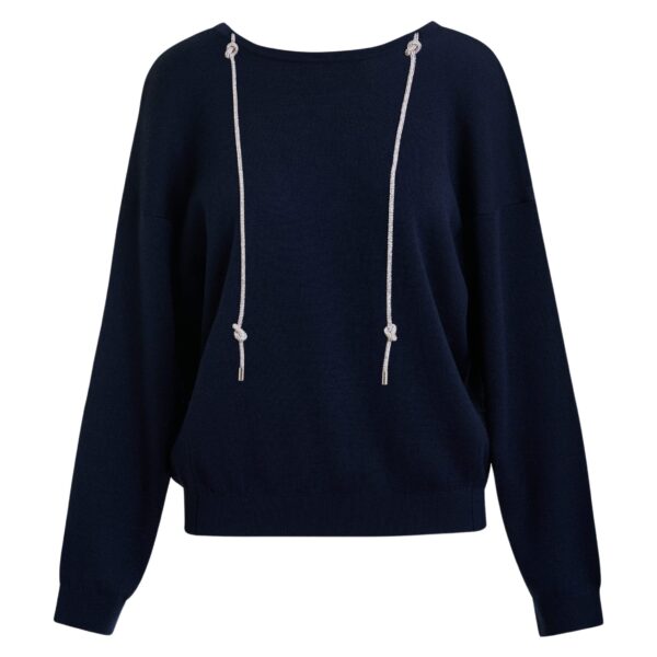 Navy sweater with rhinestone strings