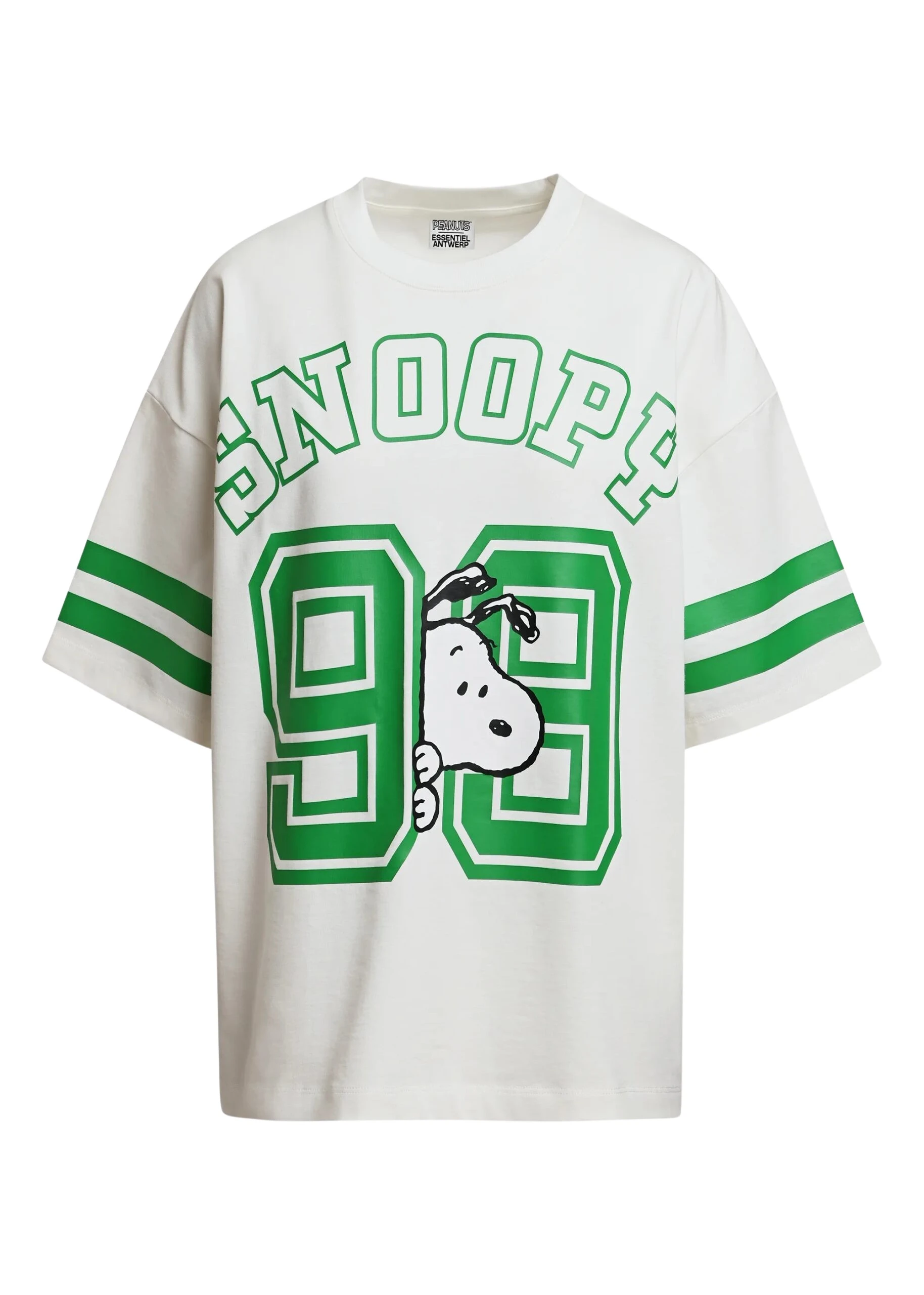 Essentiel-Antwerp-Off-white-T-shirt-with-Peanuts™-Snoopy-print-and-green-text-scaled18396_nobg Off-white T-shirt with Peanuts™ Snoopy print and green text