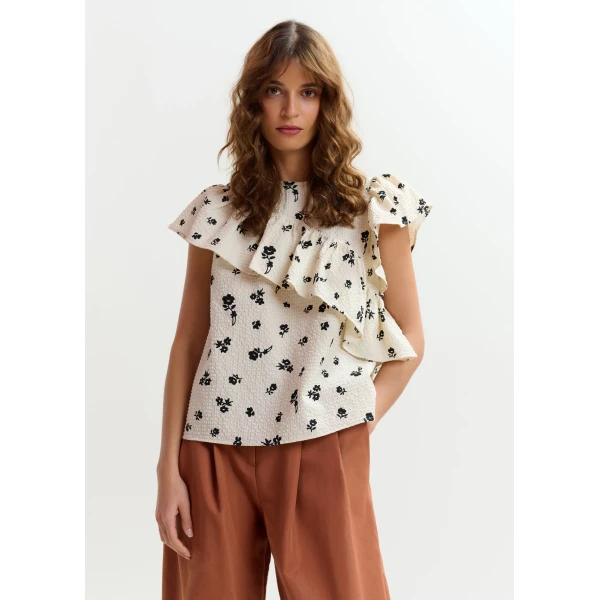 Essentiel Antwerp Off-white and black asymmetrical top with ruffle details, view 3