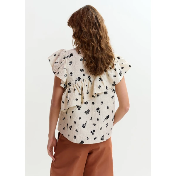 Essentiel Antwerp Off-white and black asymmetrical top with ruffle details, view 5