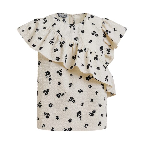Off-white and black asymmetrical top with ruffle details