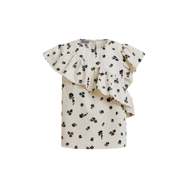 Essentiel Antwerp Off-white and black asymmetrical top with ruffle details