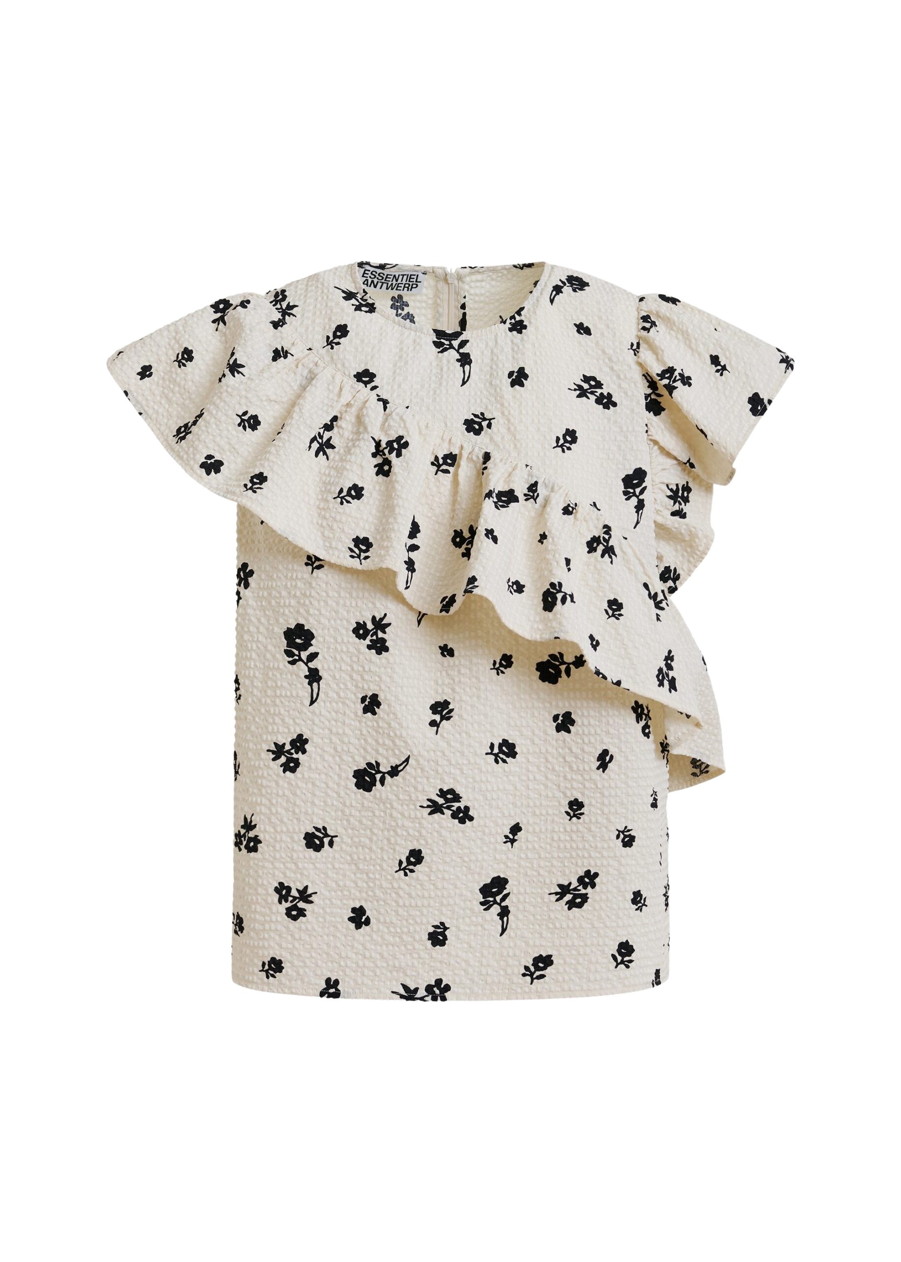 Off-white and black asymmetrical top with ruffle details