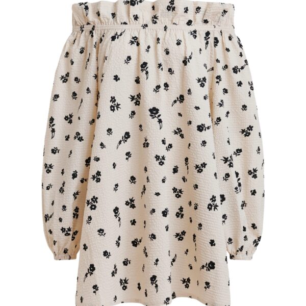 Off-white and black floral-print off-the-shoulder mini dress
