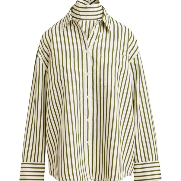 Off-white and green striped oversized shirt with rhinestone bib detail