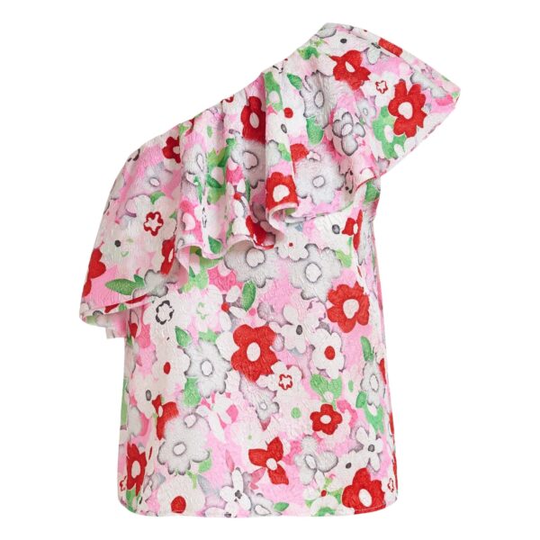 Off-white and multicolor asymmetric ruffle one-shoulder top
