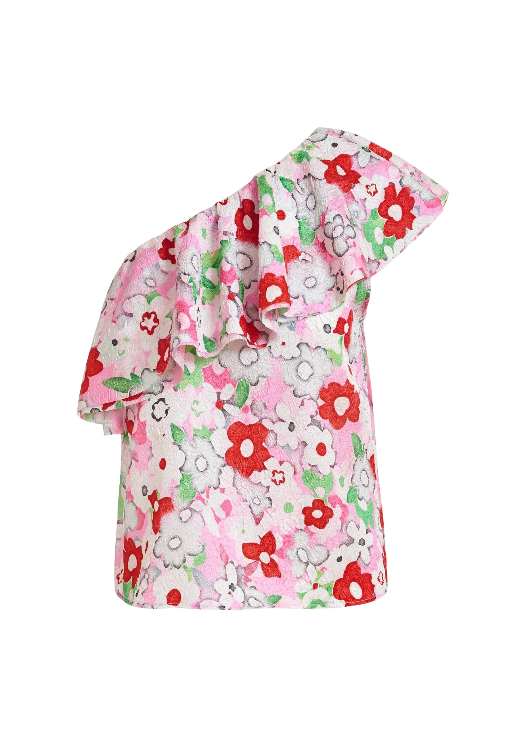 Off-white and multicolor asymmetric ruffle one-shoulder top