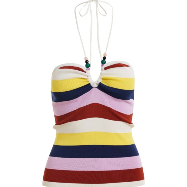 Off-white and multicolor striped halterneck knit top