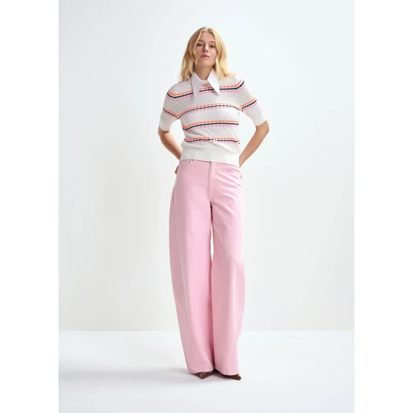 Essentiel Antwerp Off-white and multicolor striped honeycomb knit polo with rhinestone-embellished detachable collar, view 6