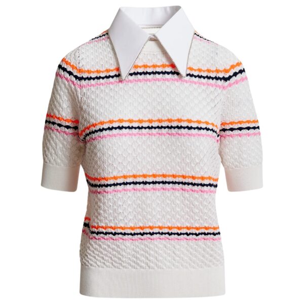 Off-white and multicolor striped honeycomb knit polo with rhinestone-embellished detachable collar