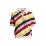 Off-white and multicolor striped knit polo with constrasting buttons