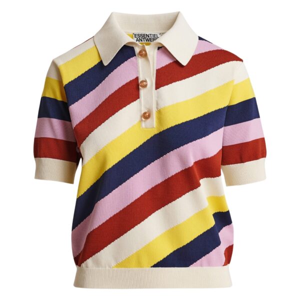 Off-white and multicolor striped knit polo with constrasting buttons