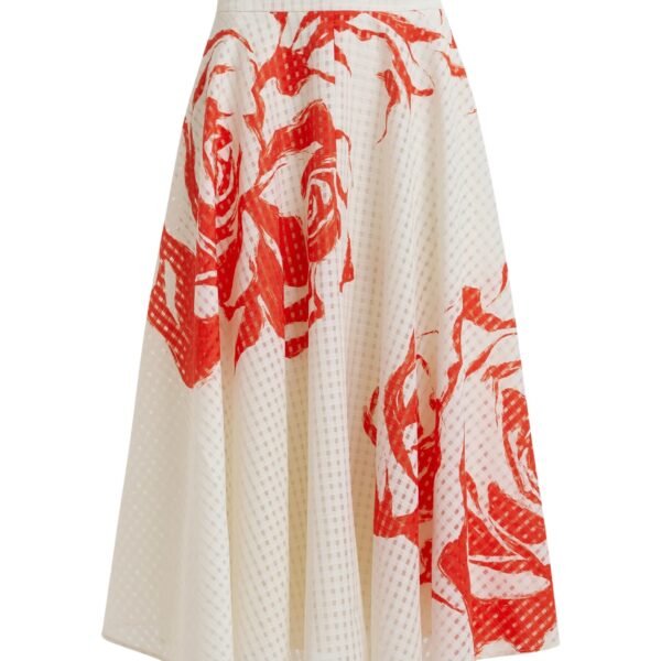 Off-white and red pleated midi skirt with flowers