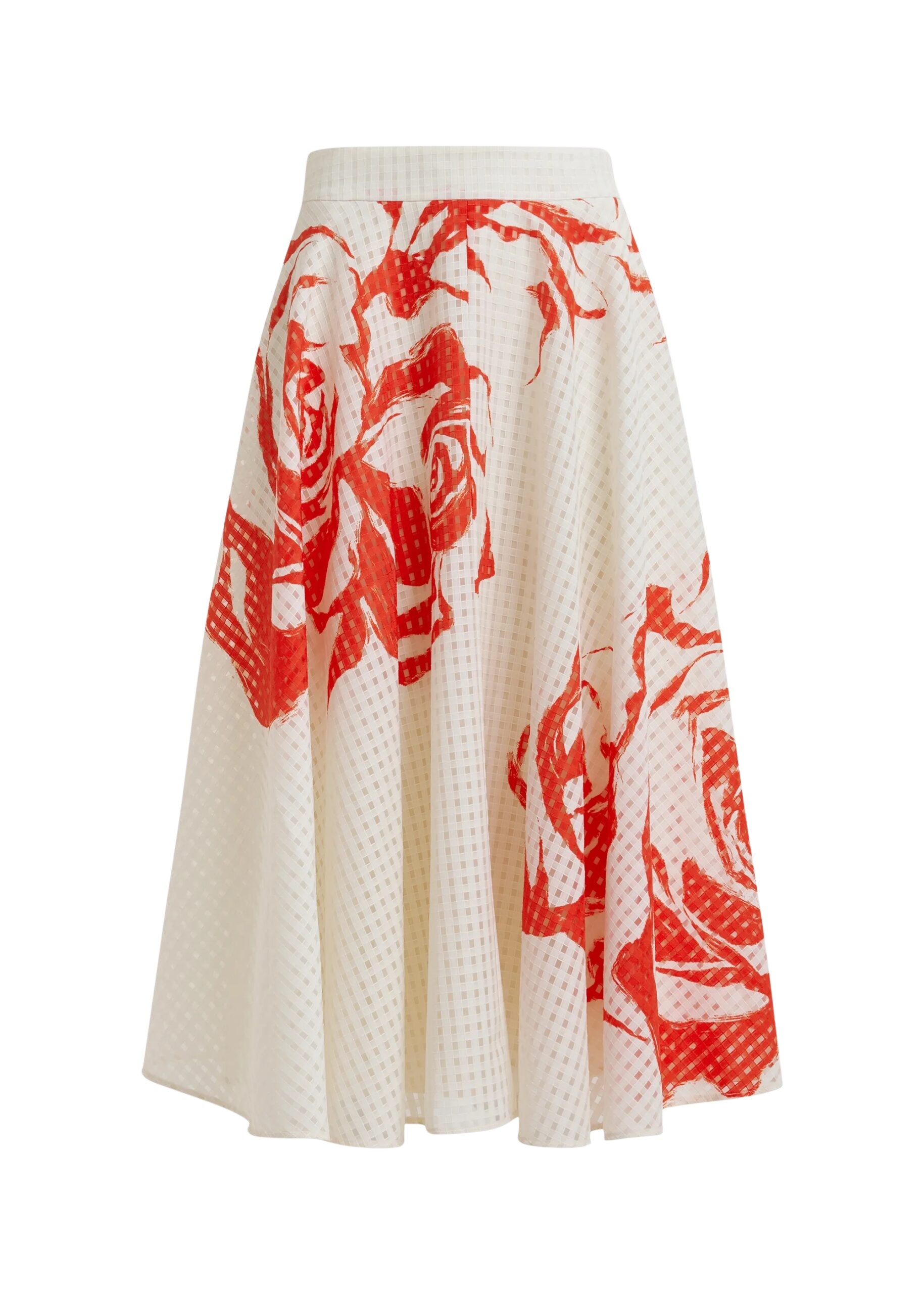 Off-white and red pleated midi skirt with flowers