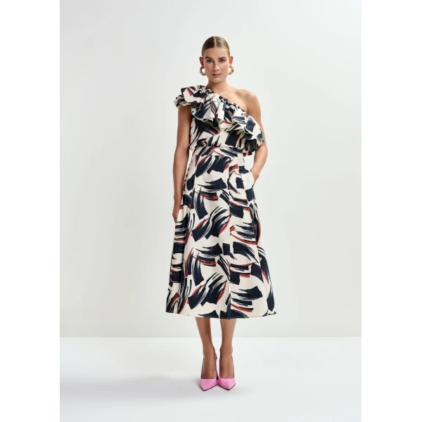 Essentiel Antwerp Off-white, black and brown a-line midi skirt, view 3