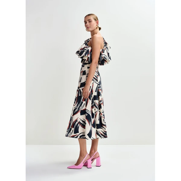 Essentiel Antwerp Off-white, black and brown a-line midi skirt, view 5