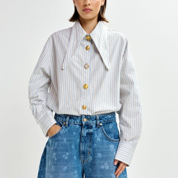 black and light blue striped cotton shirt with elongated collar and mismatched buttons
