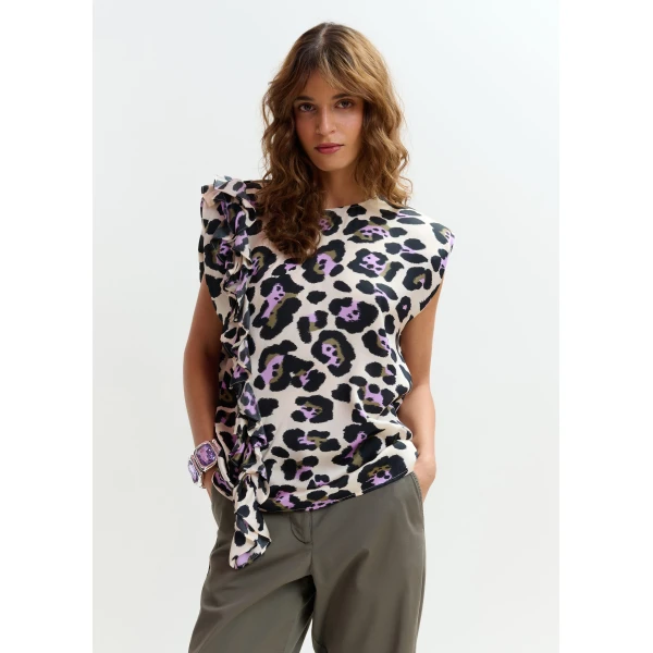 Essentiel Antwerp Off-white, black and purple sleeveless top with ruffle detail, view 3