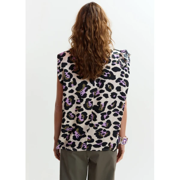Essentiel Antwerp Off-white, black and purple sleeveless top with ruffle detail, view 5