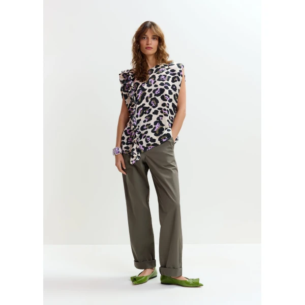 Essentiel Antwerp Off-white, black and purple sleeveless top with ruffle detail, view 6