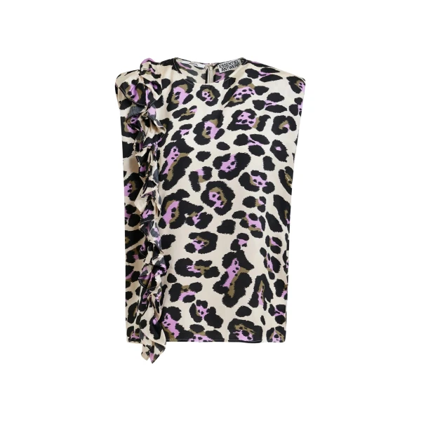 Essentiel Antwerp Off-white, black and purple sleeveless top with ruffle detail