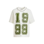 Off-white cotton T-shirt with rhinestone embellished neckline and green numeric print