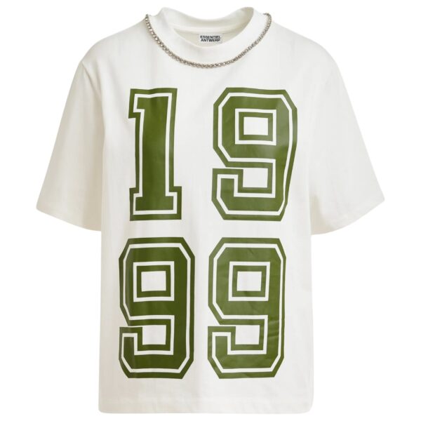 Off-white cotton T-shirt with rhinestone embellished neckline and green numeric print