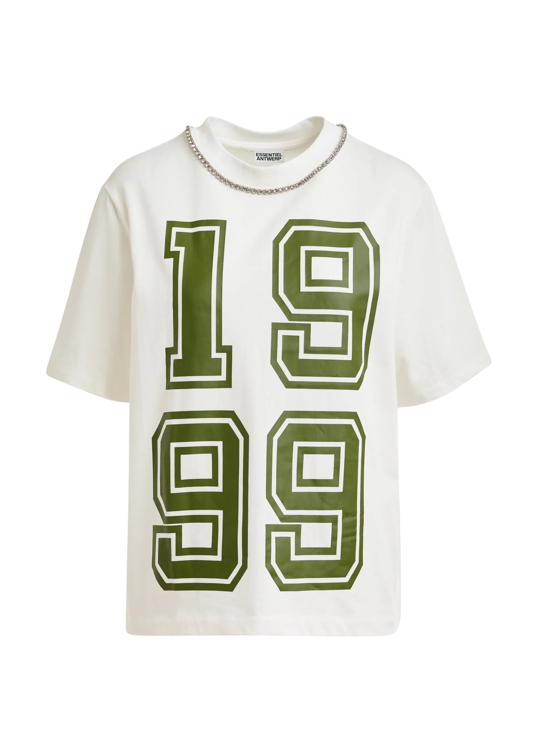 Off-white cotton T-shirt with rhinestone embellished neckline and green numeric print