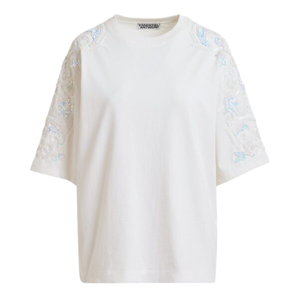 Off-white cotton T-shirt with sequin and bead embellishments