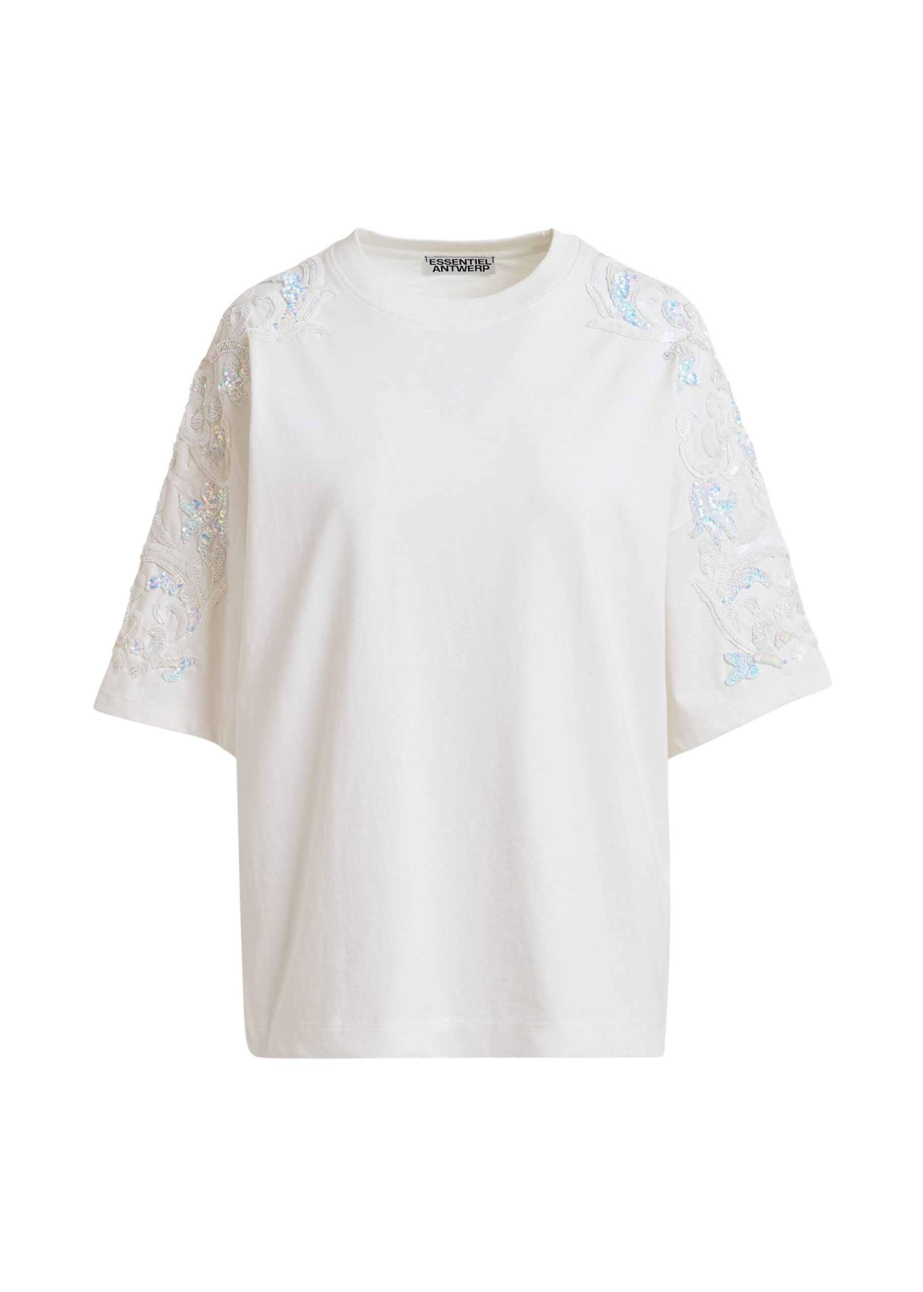 Off-white cotton T-shirt with sequin and bead embellishments