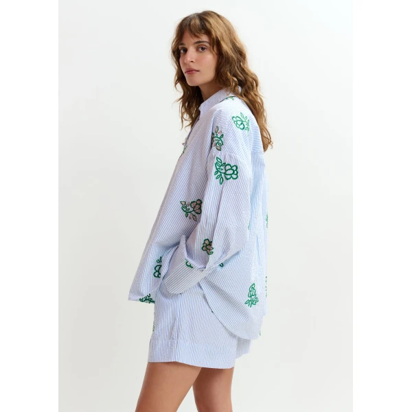 Essentiel Antwerp Off-white cotton mini shorts with light blue pinstriped embroidered with sequin and bead embellishments, view 4