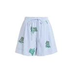 Off-white cotton mini shorts with light blue pinstriped embroidered with sequin and bead embellishments