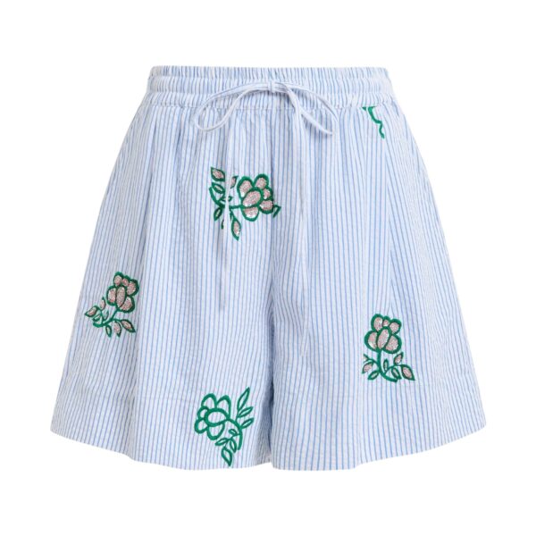 Off-white cotton mini shorts with light blue pinstriped embroidered with sequin and bead embellishments