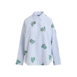 Off-white cotton shirt with light blue pinstripes and embroidered details