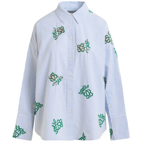Off-white cotton shirt with light blue pinstripes and embroidered details