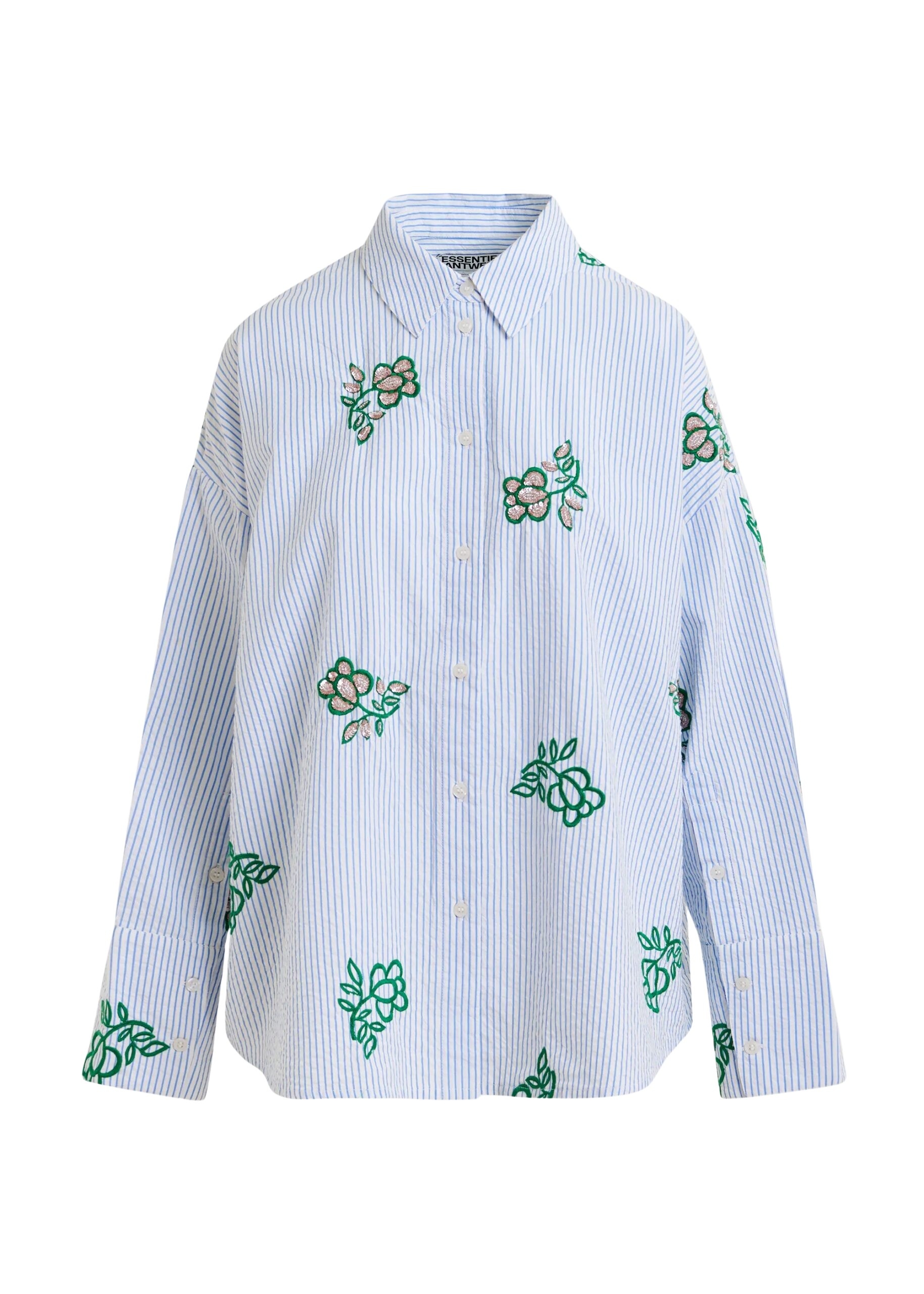 Essentiel Antwerp Off-white cotton shirt with light blue pinstripes and embroidered details