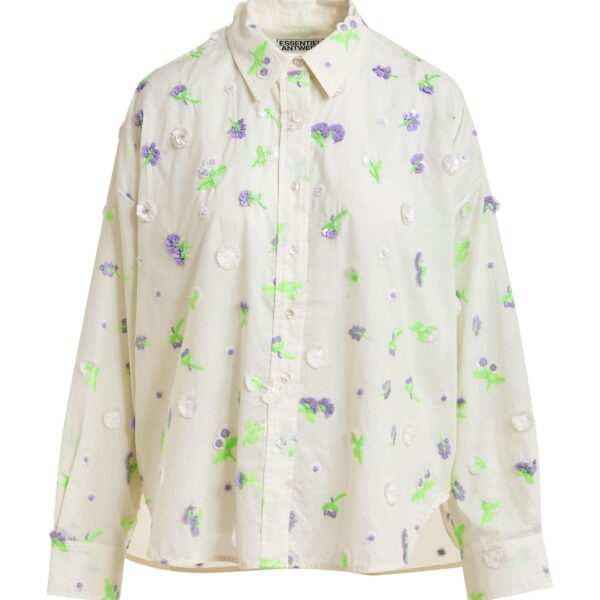 Off-white cotton shirt with purple and green flower sequin