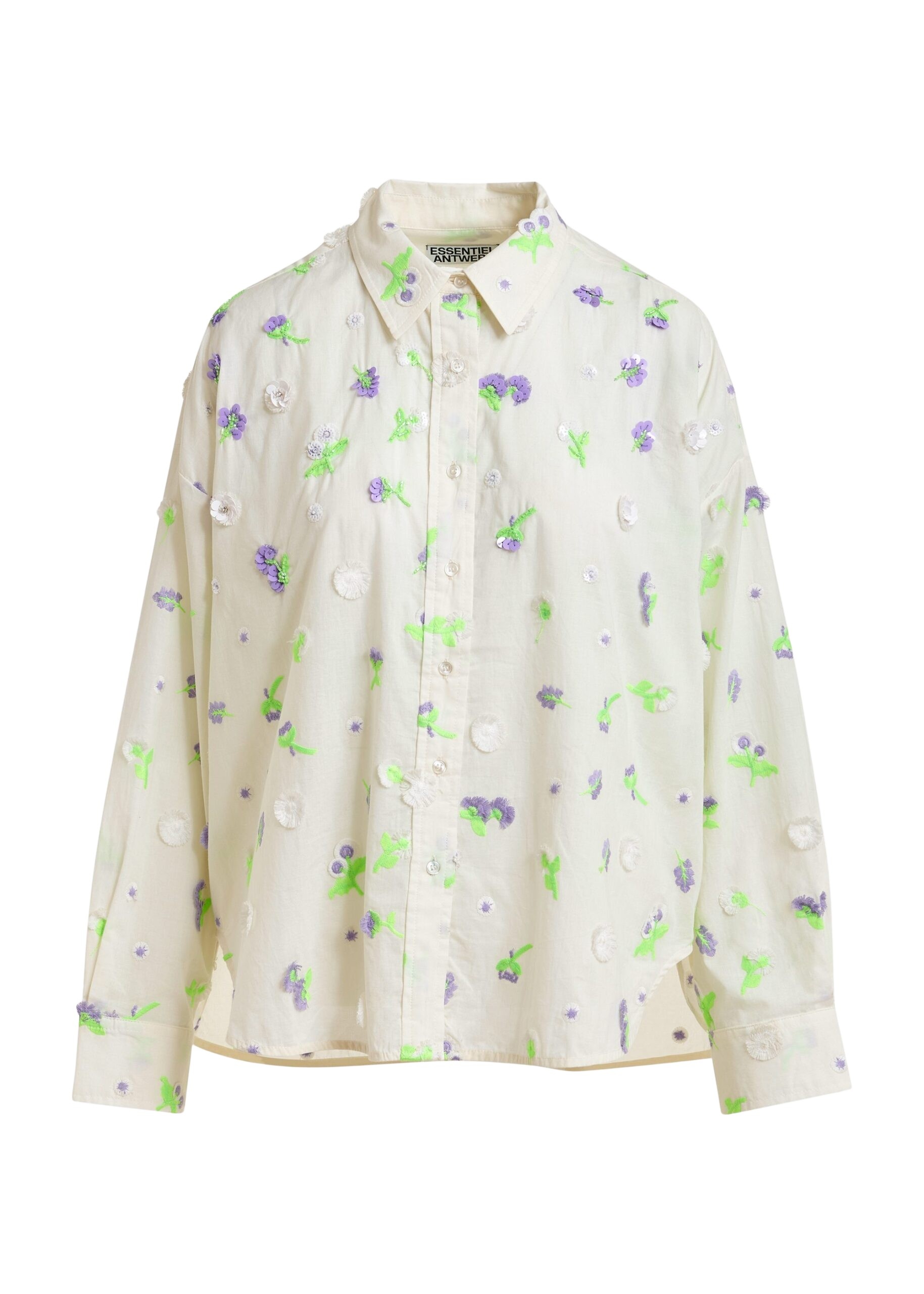 Off-white cotton shirt with purple and green flower sequin