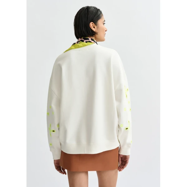 Essentiel Antwerp Off-white cotton sweatshirt with fluo yellow flower embroideries Top, view 4