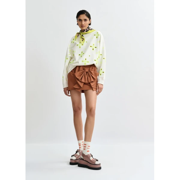 Essentiel Antwerp Off-white cotton sweatshirt with fluo yellow flower embroideries Top, view 6