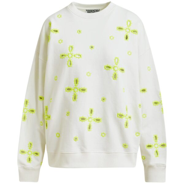 Off-white cotton sweatshirt with fluo yellow flower embroideries