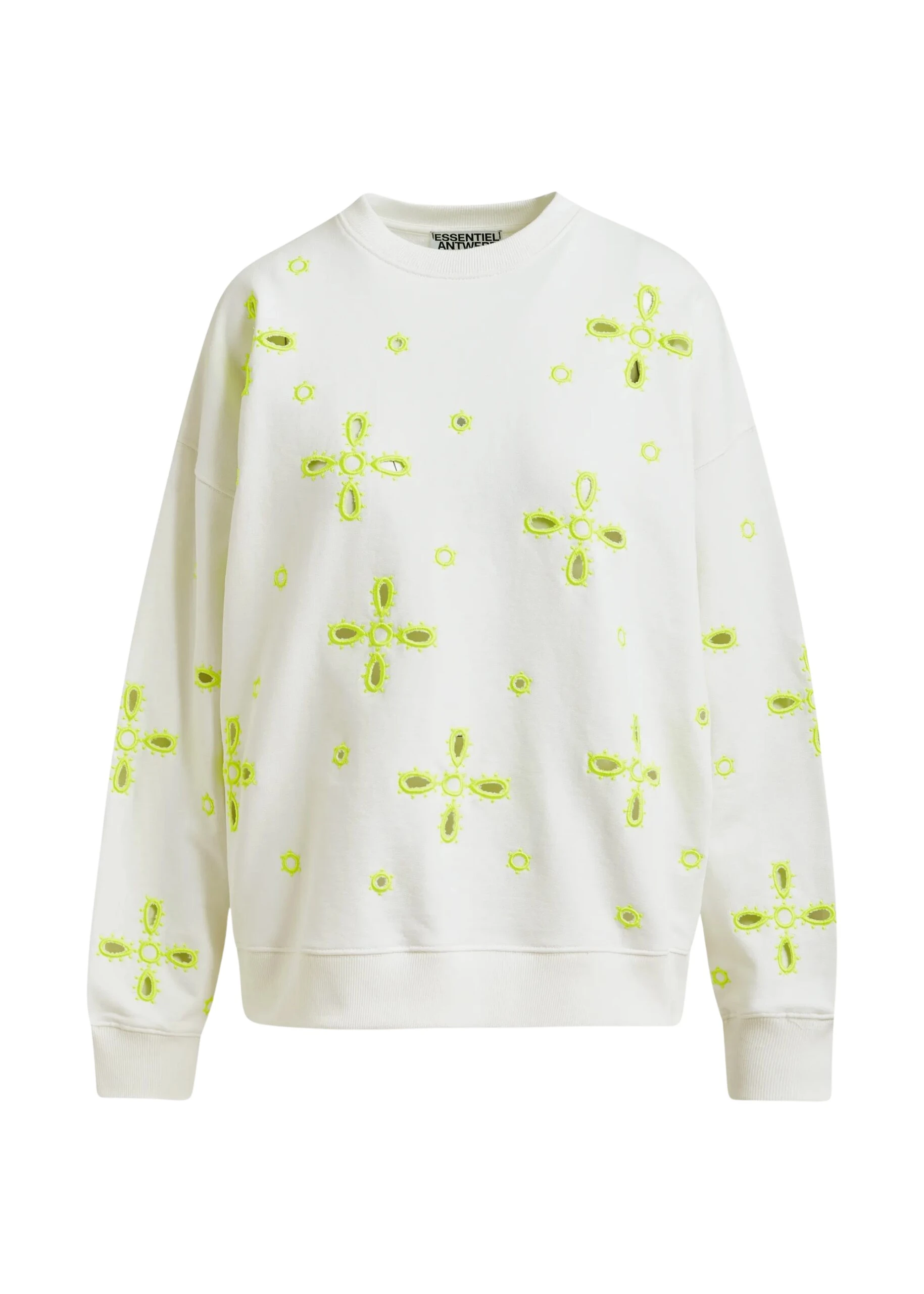 Off-white cotton sweatshirt with fluo yellow flower embroideries