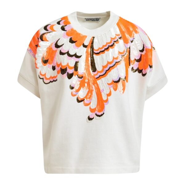 Off-white cotton sweatshirt with multicolor feather embellishments