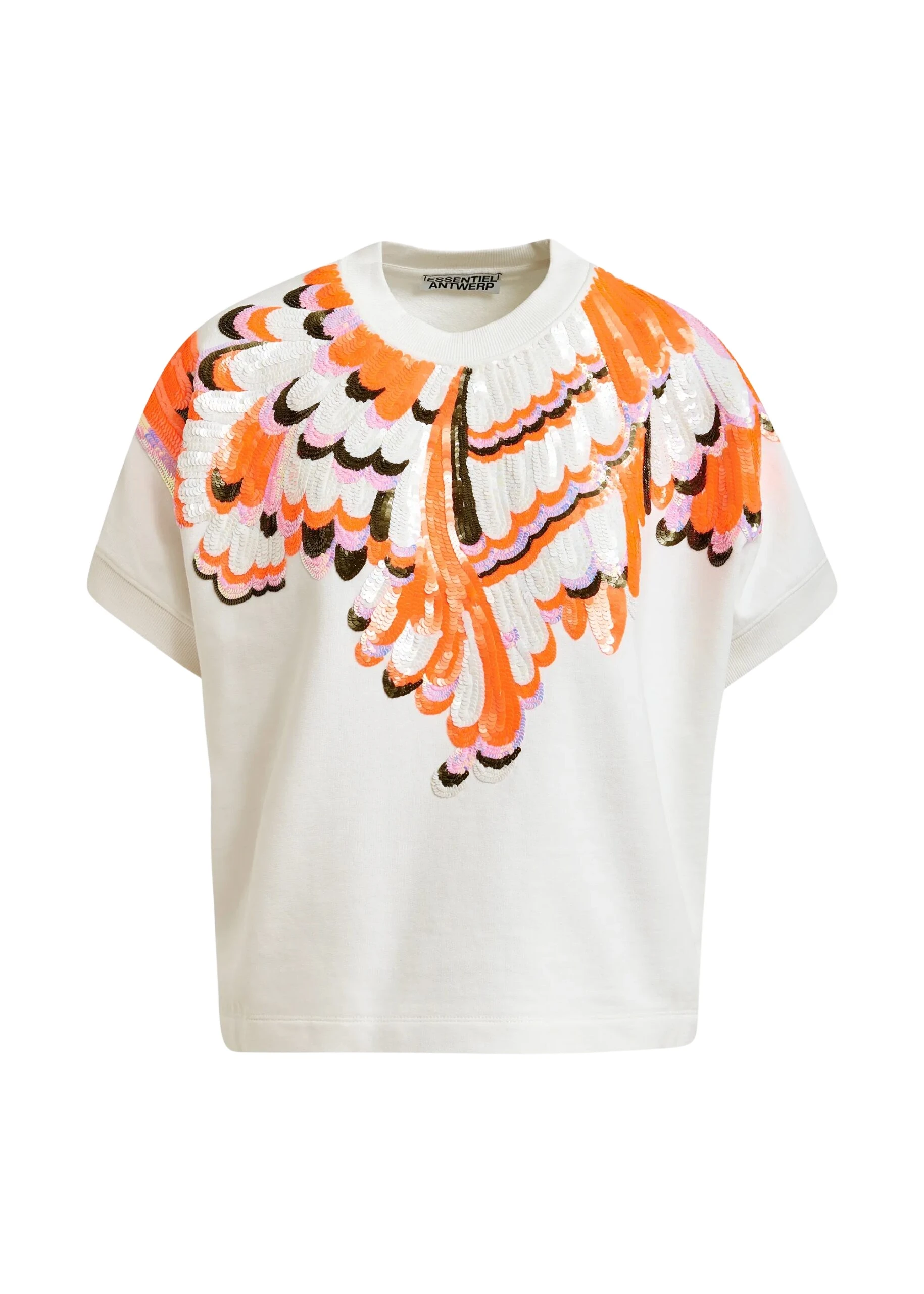 Essentiel-Antwerp-Off-white-cotton-sweatshirt-with-multicolor-feather-embellishments-scaled99231_nobg Off-white cotton sweatshirt with multicolor feather embellishments