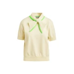 Off-white fine-knit polo with light green scarf-like contrast collar