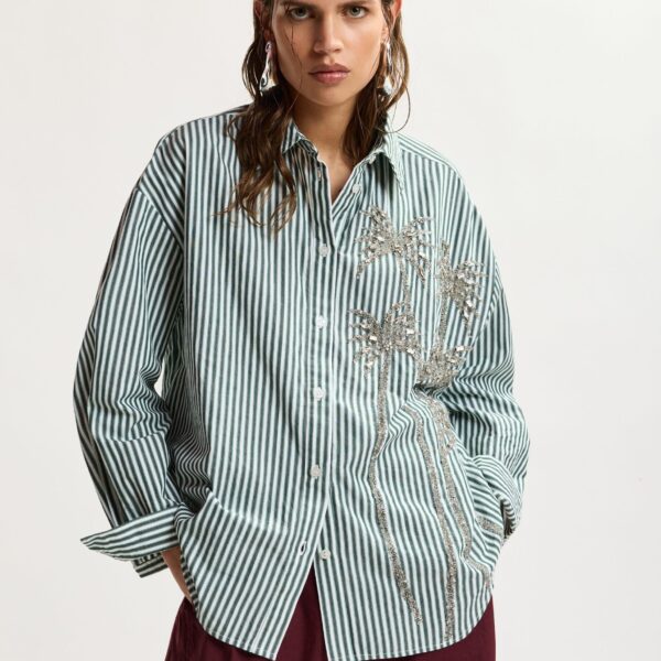 green and grey oversized striped cotton shirt with sequin and bead embellishments