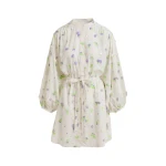Off-white knee-length dress with mandarin collar and purple and green embellishments