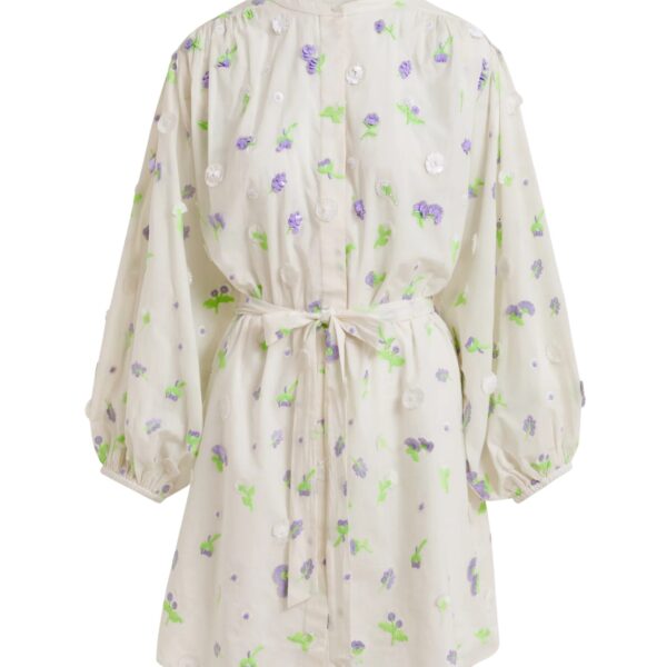 Off-white knee-length dress with mandarin collar and purple and green embellishments