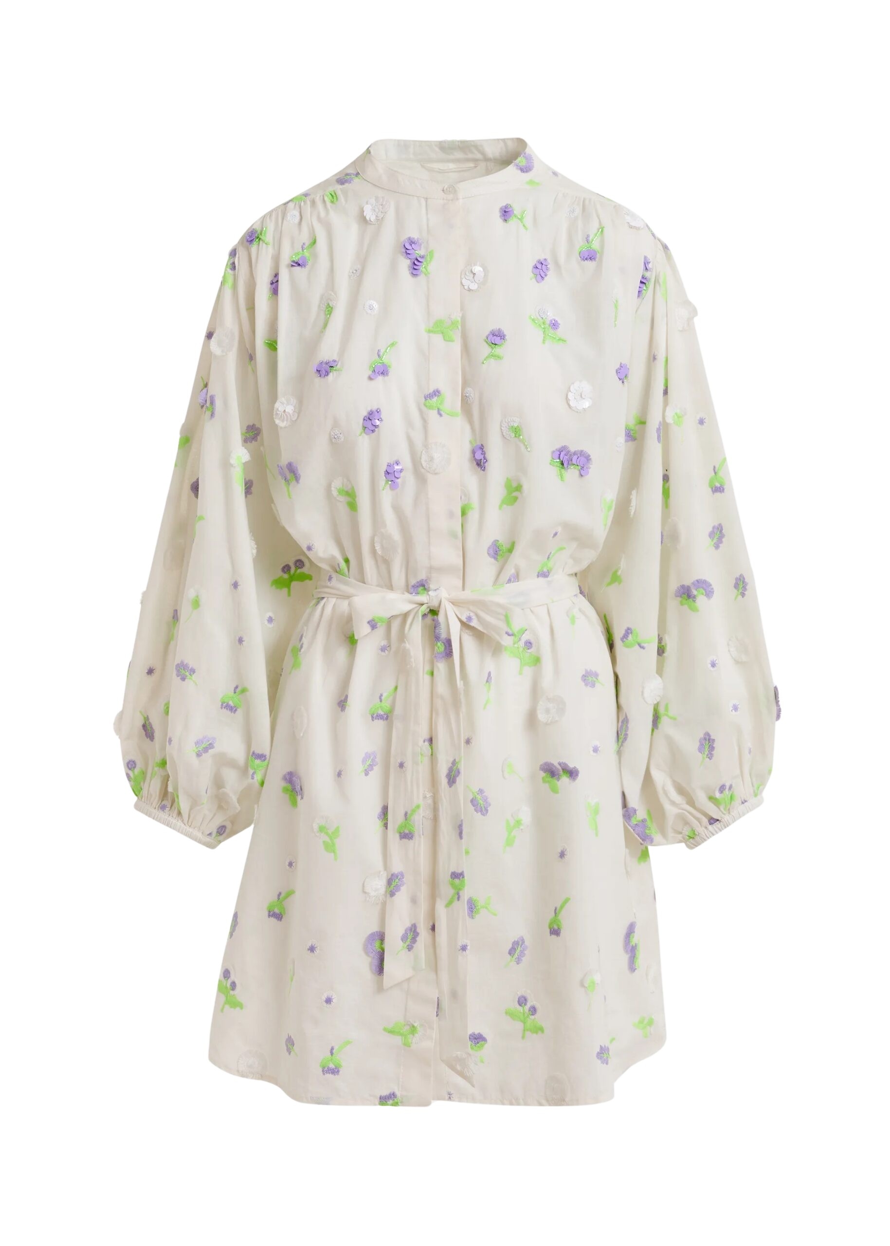 Off-white knee-length dress with mandarin collar and purple and green embellishments